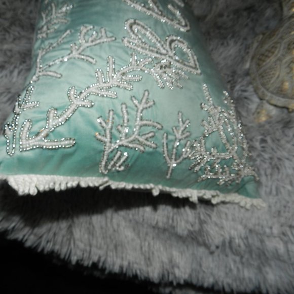 Admaira Home Beaded "Beach" Decorative Throw Statement Suede Pillow Aqua NWT - Picture 8 of 15